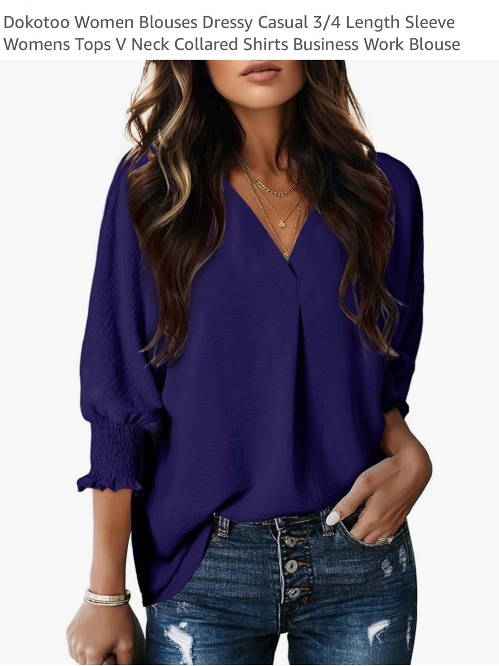 Dokotoo Women's V-Neck 3/4 Sleeve Blouse - Navy Blue Large